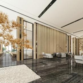 新中式酒店休息区 造型树 休闲沙发组合 餐厅 隔断